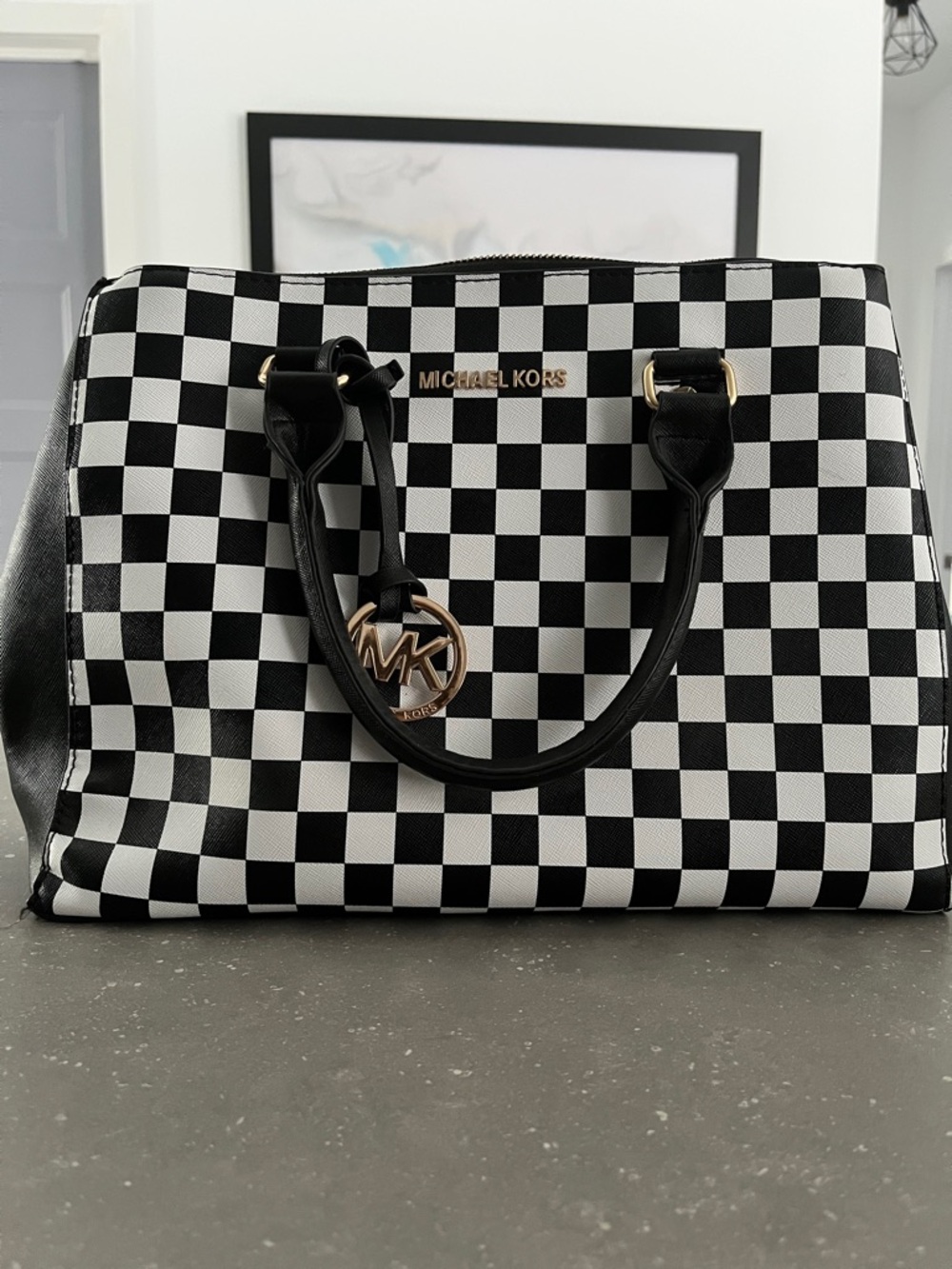 Black & White Checker Satchel with Gold MK Charm Squares